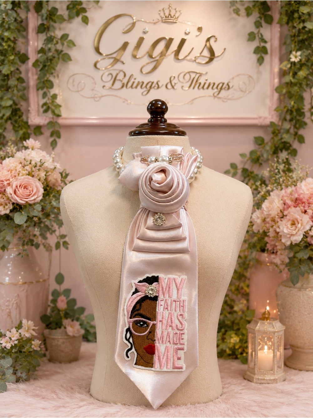 Gigi's Pink Satin Neck Scarf with Embroidered Affirmation